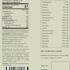fygen vegan collagen supplement facts label showing calories, protein content, ingredients, and amino acid profile