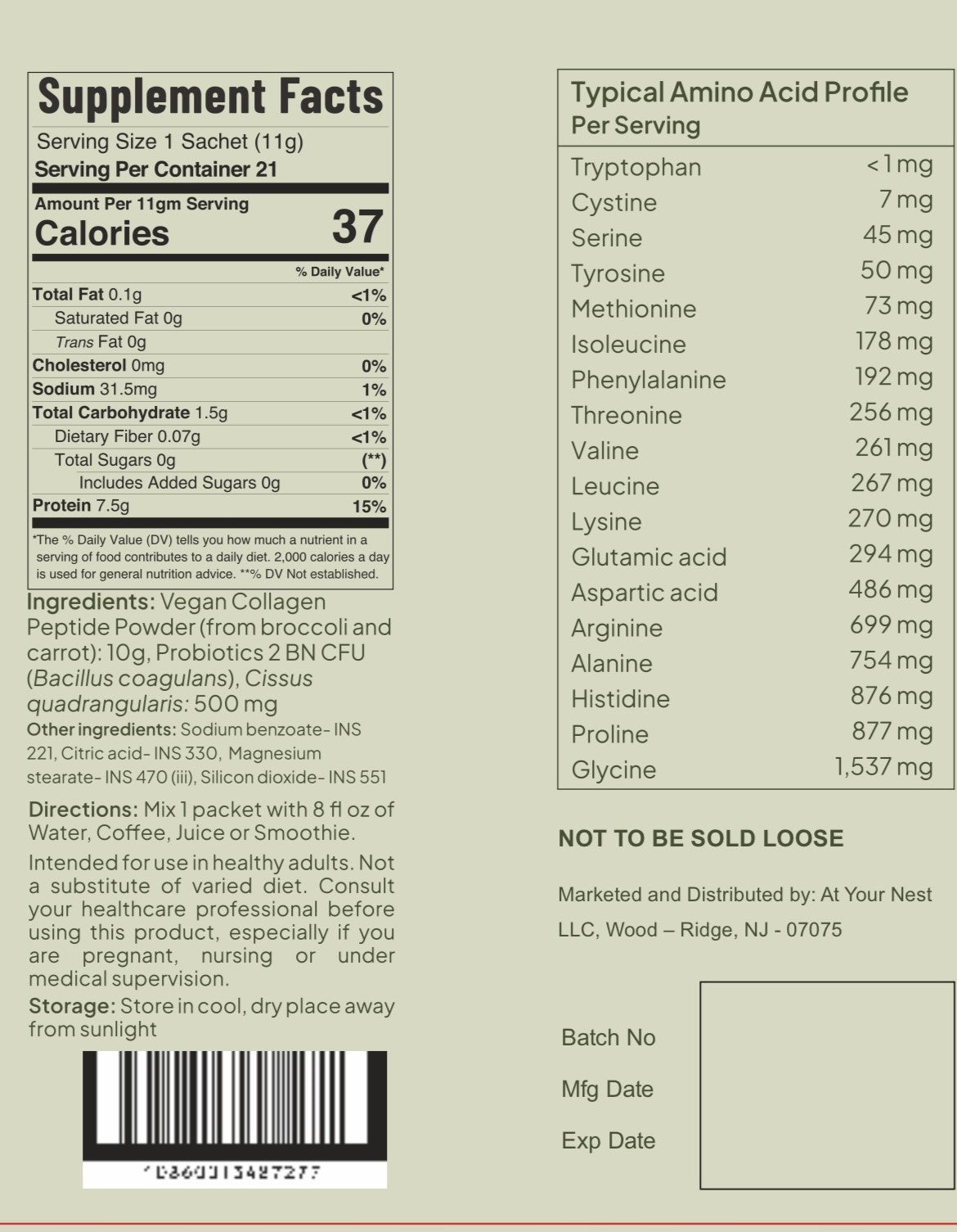 fygen vegan collagen supplement facts label showing calories, protein content, ingredients, and amino acid profile