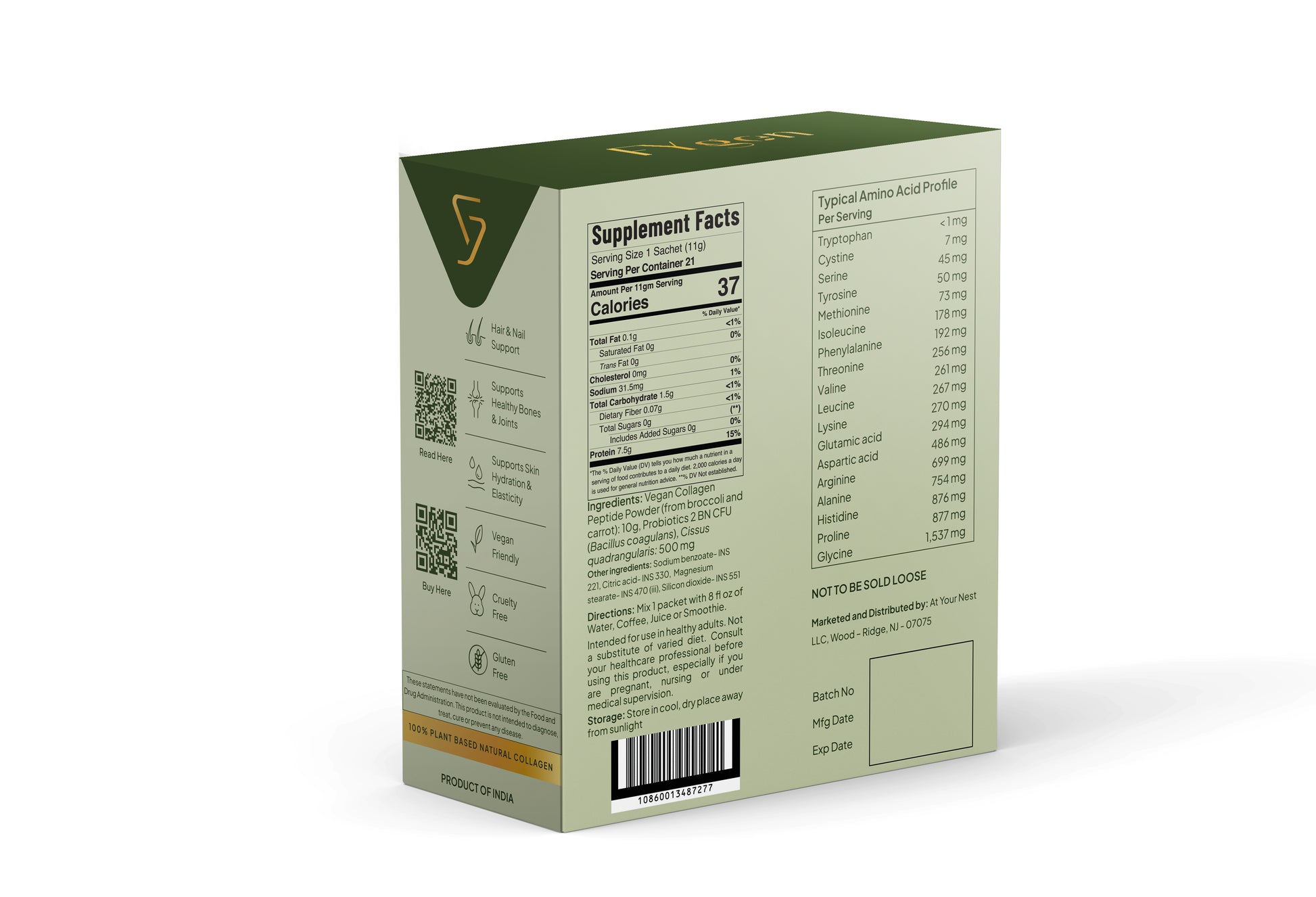 Fygen Vegan collagen peptide supplement box showing nutrition facts, amino acid profile, and ingredients
