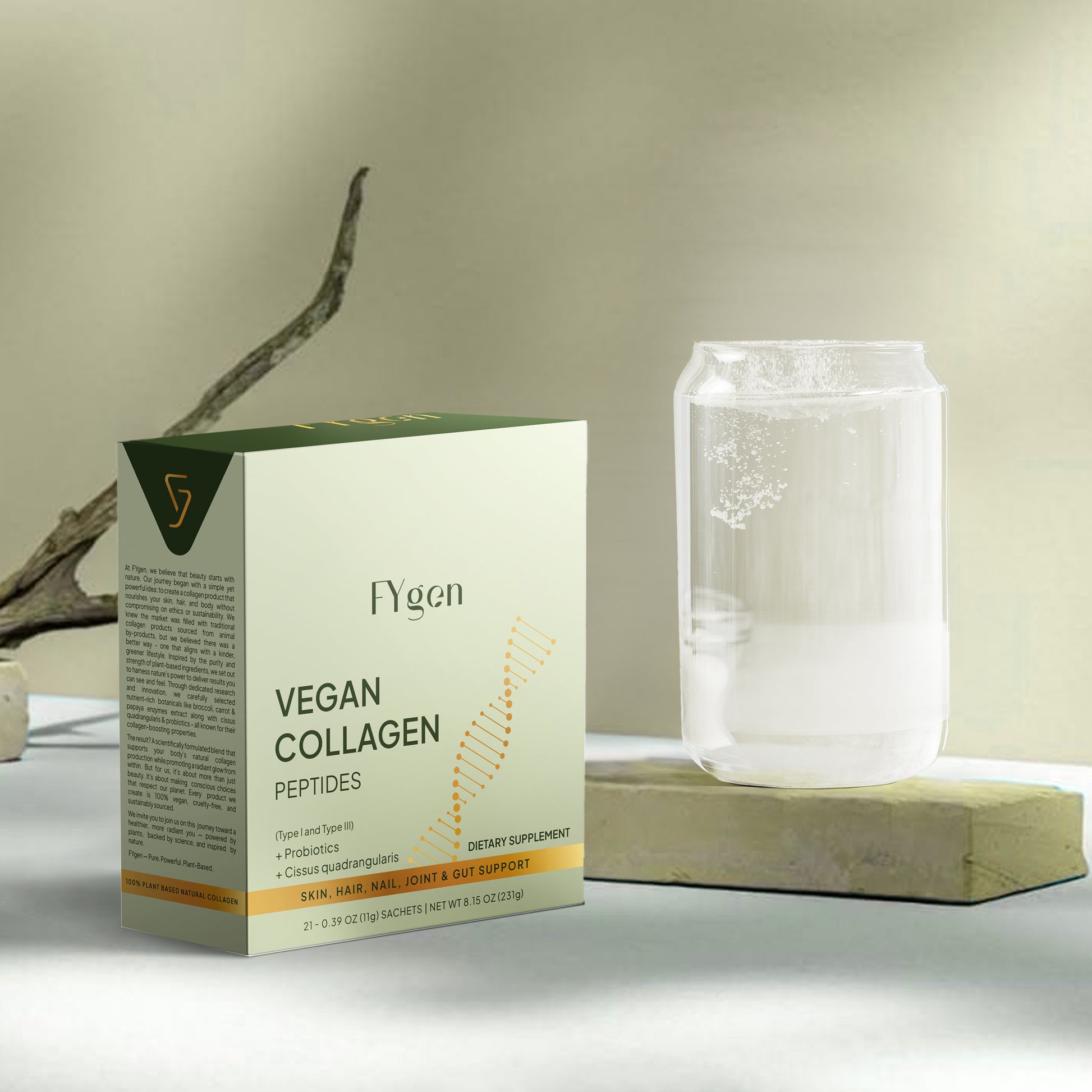 Fygen vegan collagen peptides powder mixed in water next to supplement box