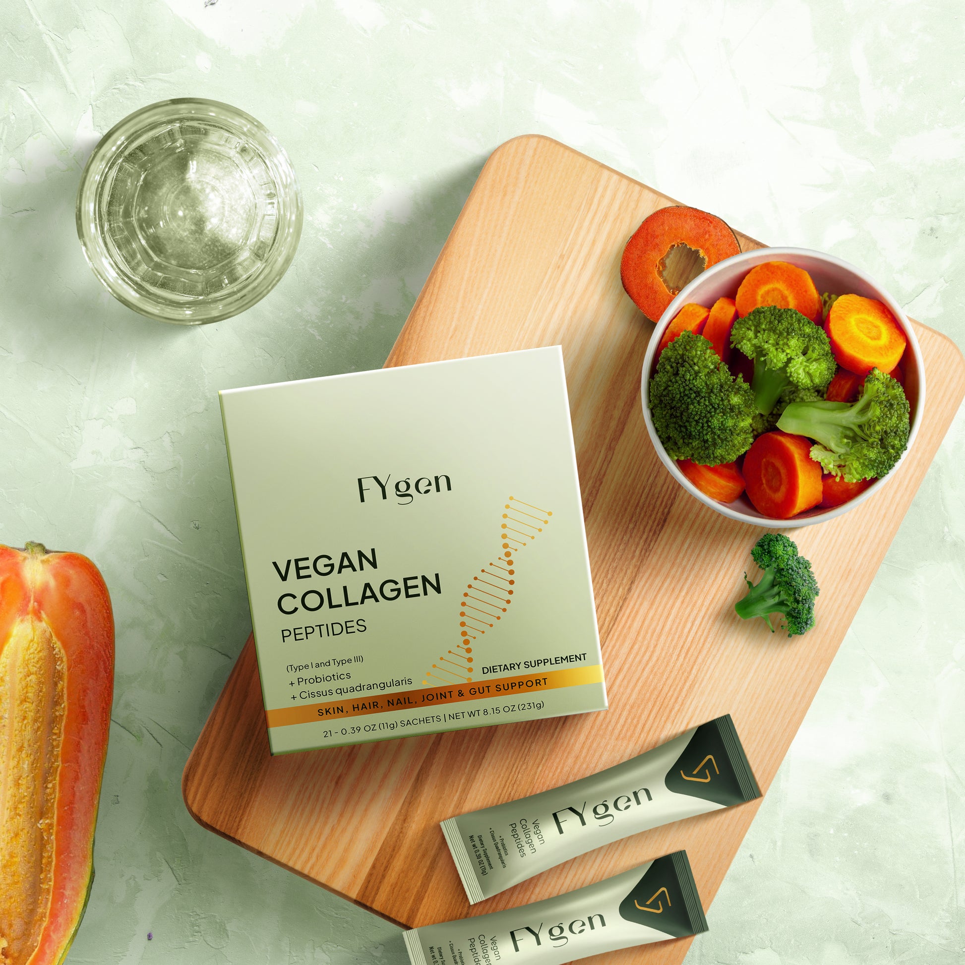 Fygen vegan collagen peptides with plant-based ingredients like carrots and broccoli