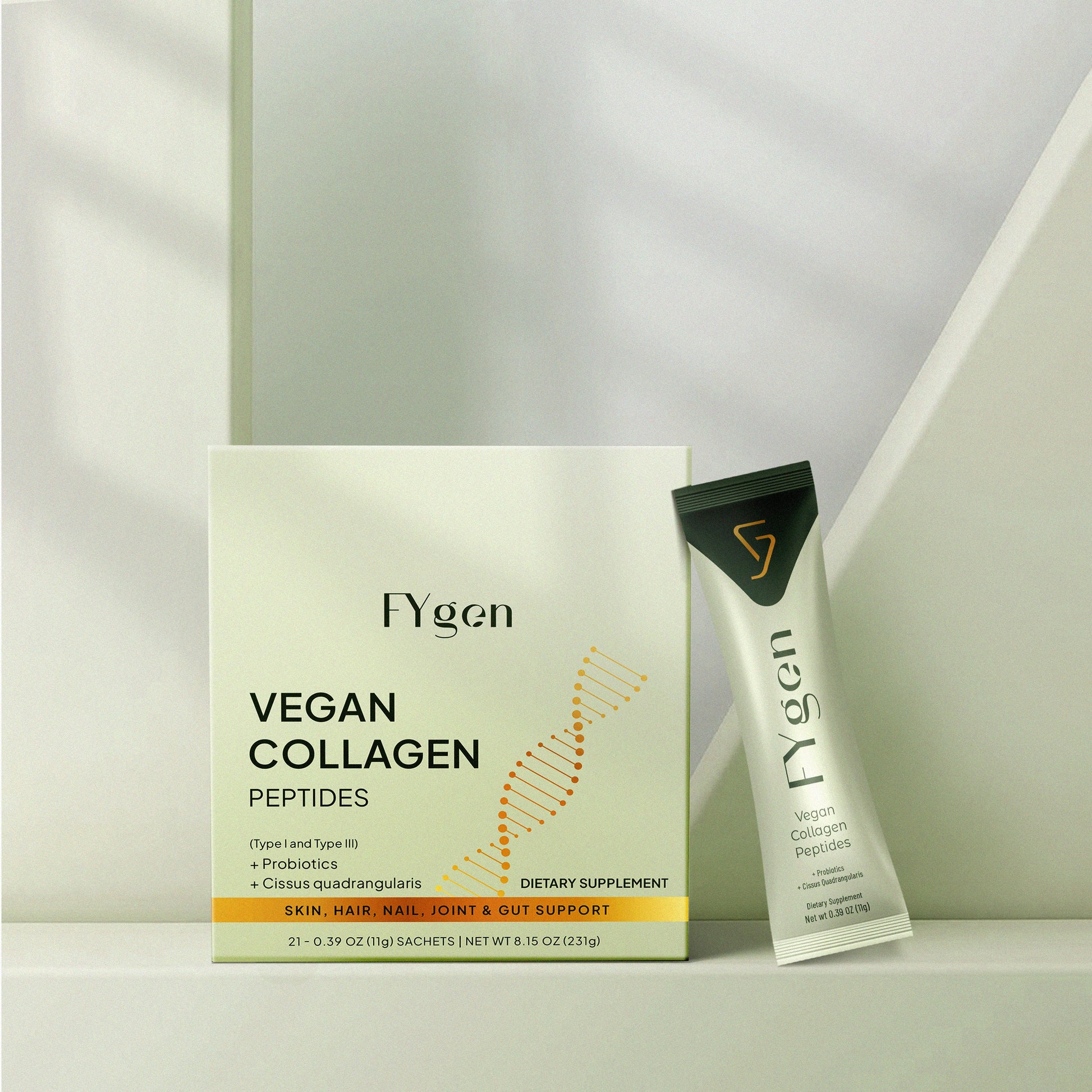 Fygen vegan collagen peptides box with single-serve sachet packaging