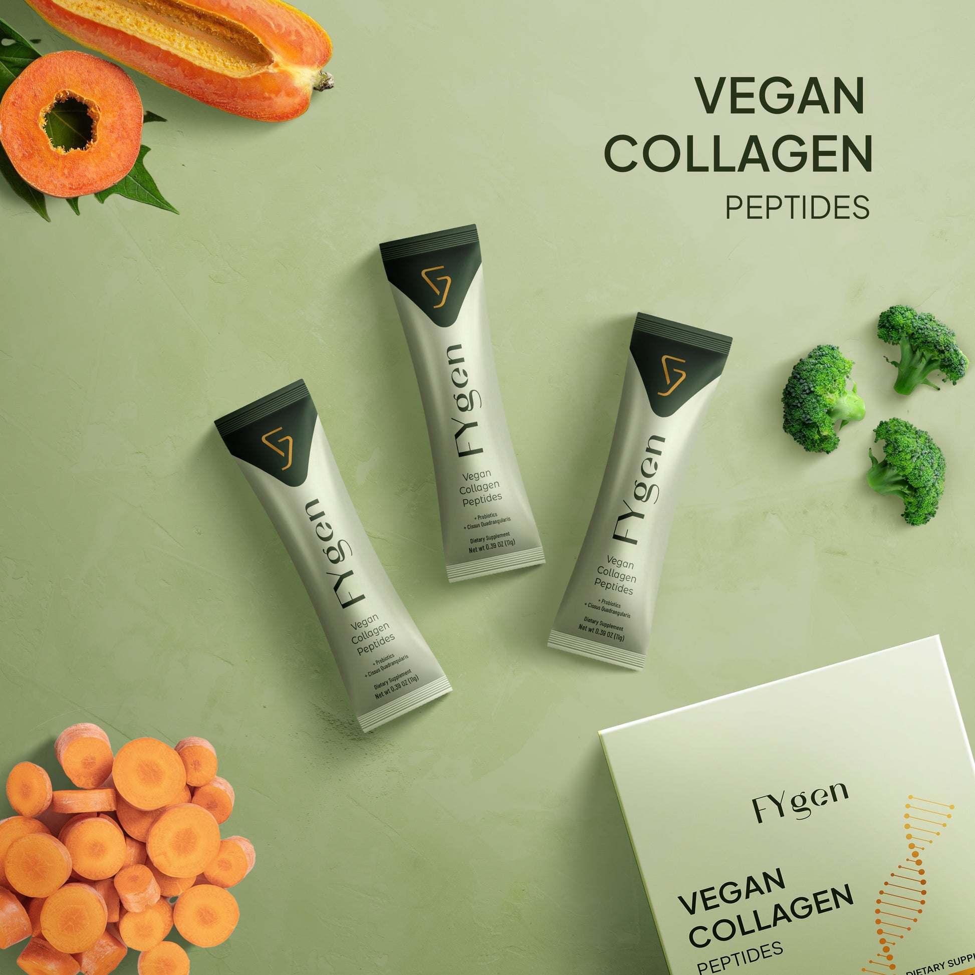 Fygen vegan collagen peptides single-serve stick sachets on green background